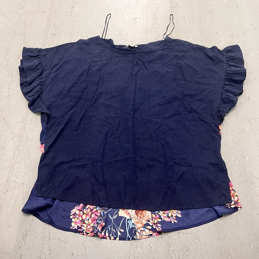 Umgee Women's L Navy Blue Linen Blend Short Ruffle Sleeve Floral Back Tunic Top